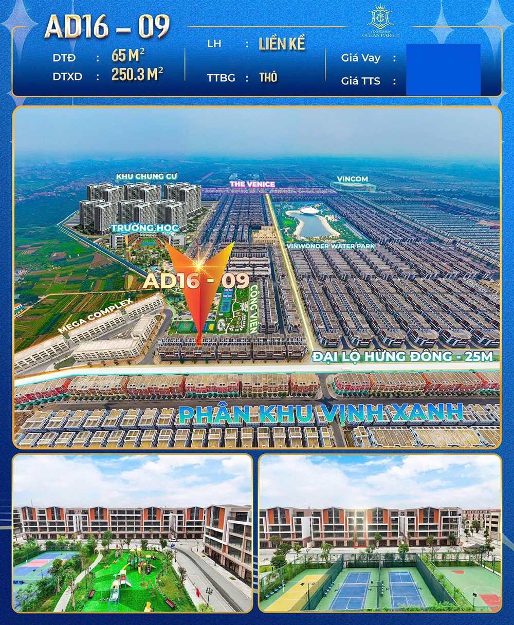Bán căn liền kề Ánh Dương 16 căn 09 diện tích 65 m2 Dự án Vinhomes Ocean Park 3